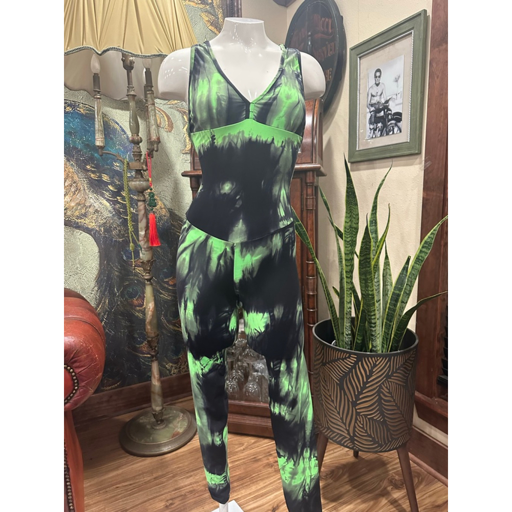Women's Mi Cuerpo  active  Black & Green Tie-Dye Jumpsuit S